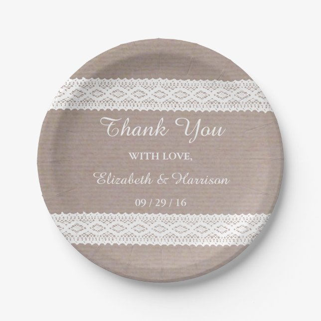Rustic Kraft & Vintage White Lace Wedding Paper Plate (Front)