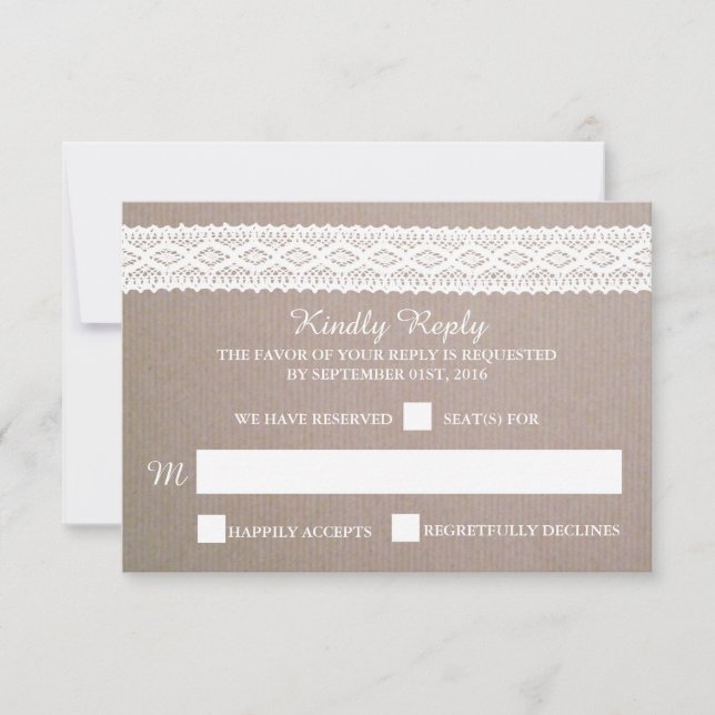 Rustic Kraft & Vintage White Lace Wedding RSVP (Front)