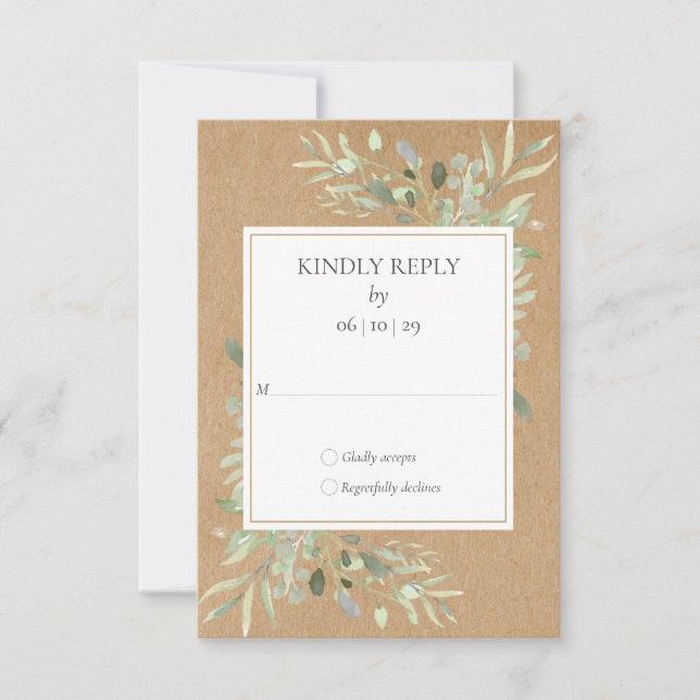 Rustic Kraft Watercolor Greenery RSVP (Front)