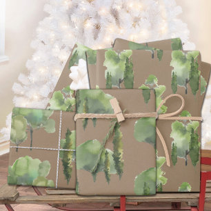 Rustic Kraft Watercolor Woodland Deciduous Trees  Wrapping Paper Sheet