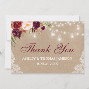Rustic Kraft Wedding Floral Jar Lights Lace Thank You Card