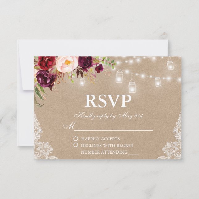 Rustic Kraft Wedding Lights Jars Lace Floral RSVP (Front)