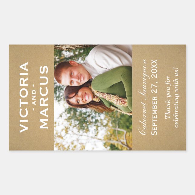 Rustic Kraft Wedding Monogram Photo Wine Favour Sticker (Front)
