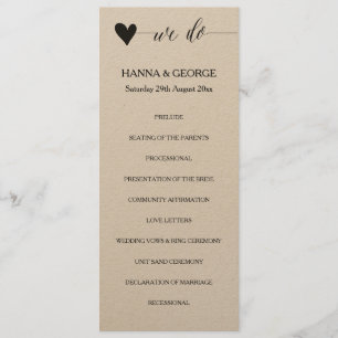 Rustic kraft wedding program heart calligraphy