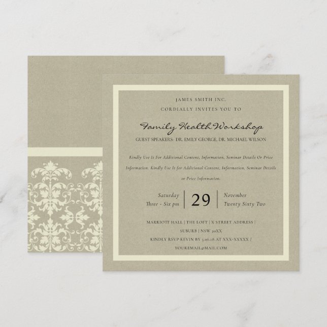 RUSTIC KRAFT WHITE DAMASK CLASSIC WORKSHOP EVENT INVITATION (Front/Back)