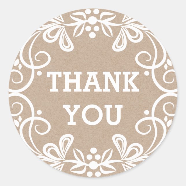 Rustic Kraft White Floral  Thank You Classic Round Sticker (Front)