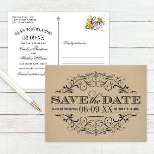 Rustic Kraft White Flourish Vintage Save the Date Announcement Postcard