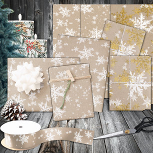 Rustic Kraft White & Gold Snowflakes Wrapping Paper Sheet