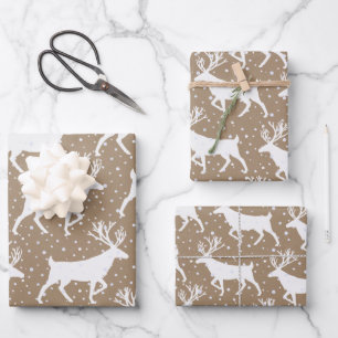 Rustic Kraft White On White Snowy Stag Reindeer Wr Wrapping Paper Sheet