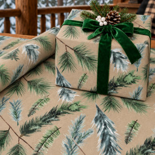 Rustic Kraft White Pine Green & Blue Spruce Sprigs Wrapping Paper