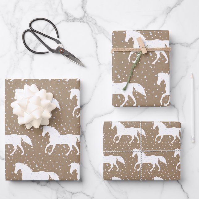 Rustic Kraft Wild White Horses In Snowfall Wrapping Paper Sheet (Front)