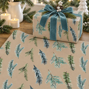 Rustic Kraft Winter Green Blue Spruce Branches Wrapping Paper