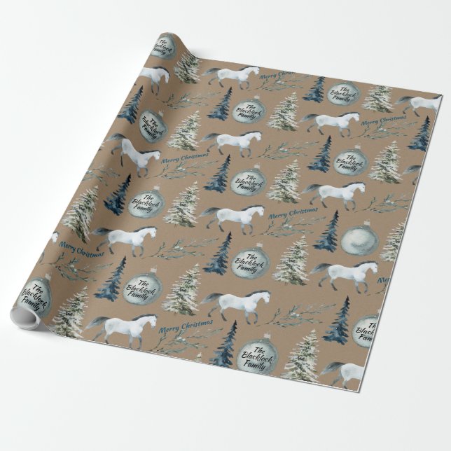 Rustic Kraft Winter Horse Custom Name & Sentiment Wrapping Paper (Unrolled)