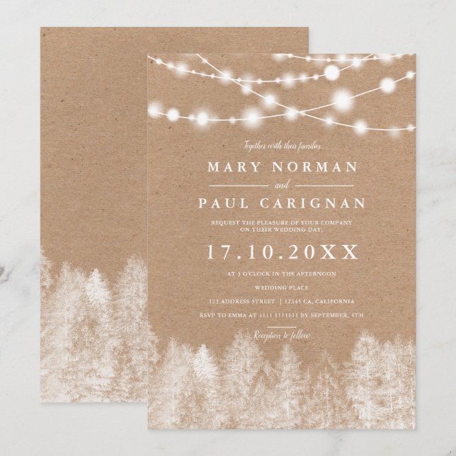 Rustic kraft  winter string lights forest wedding invitation (Front/Back)