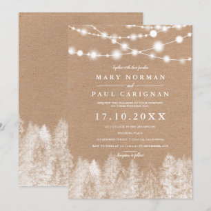 Rustic kraft winter string lights forest wedding invitation