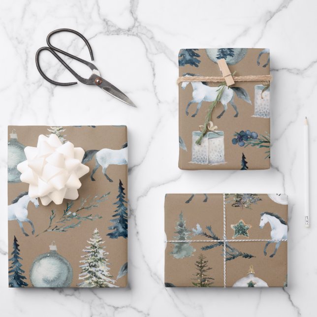 Rustic Kraft Winter White Horse & Blue Spruce Wrap Wrapping Paper Sheet (Front)