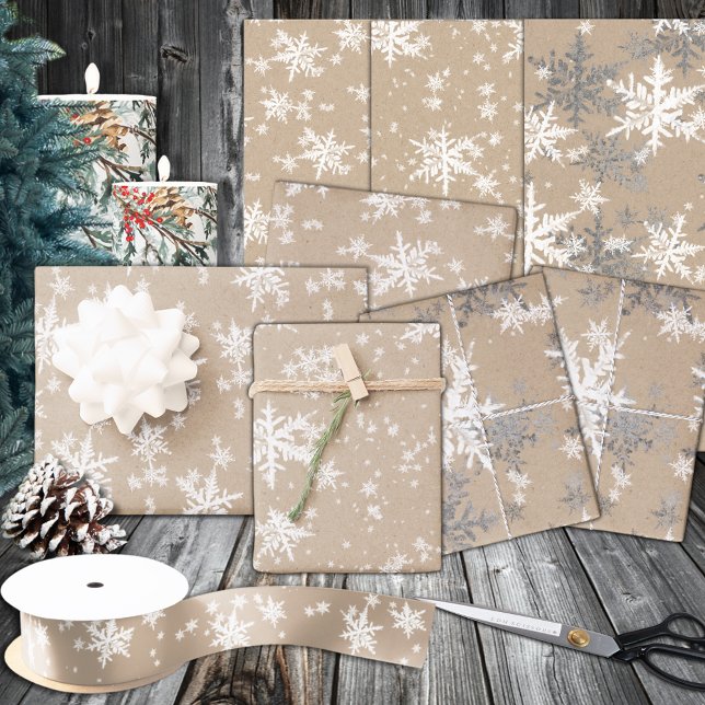 Rustic Kraft Winter White & Silver Snowflakes Wrapping Paper Sheet (Rustic Kraft Winter White & Silver Snowflakes Wrapping Paper Sheets)
