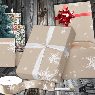 Rustic Kraft Winter White Snowflakes Glossy Wrapping Paper