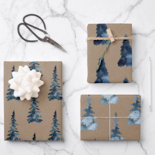 Rustic Kraft Winter Woodland Blue Spruce Trees Wrapping Paper Sheet