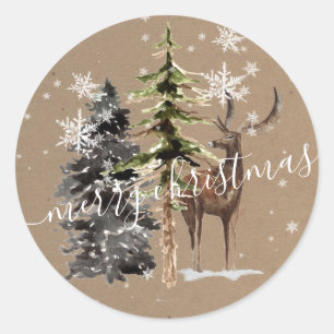 Rustic Kraft Winter Woodland Merry Christmas Classic Round Sticker