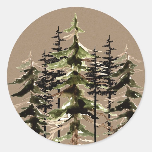 Rustic Kraft Winter Woodland Spruce Trees Classic  Classic Round Sticker (Front)