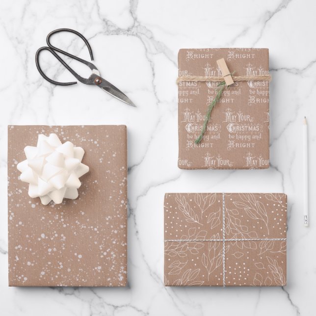 Rustic Kraft with White Designs Wrapping Paper Sheet (Front)