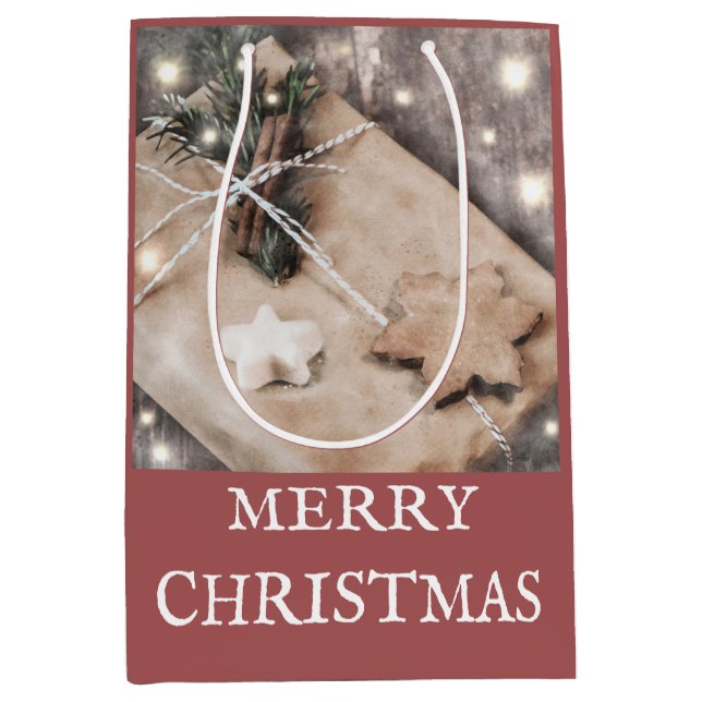 Rustic Kraft Wrapped Christmas Gift Pine Boughs  Medium Gift Bag (Front)