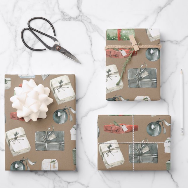 Rustic Kraft Wrapped Christmas Gifts & Ornaments Wrapping Paper Sheet (Front)