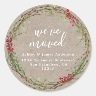 Rustic Kraft Wreath We’ve Moved Address Classic Round Sticker