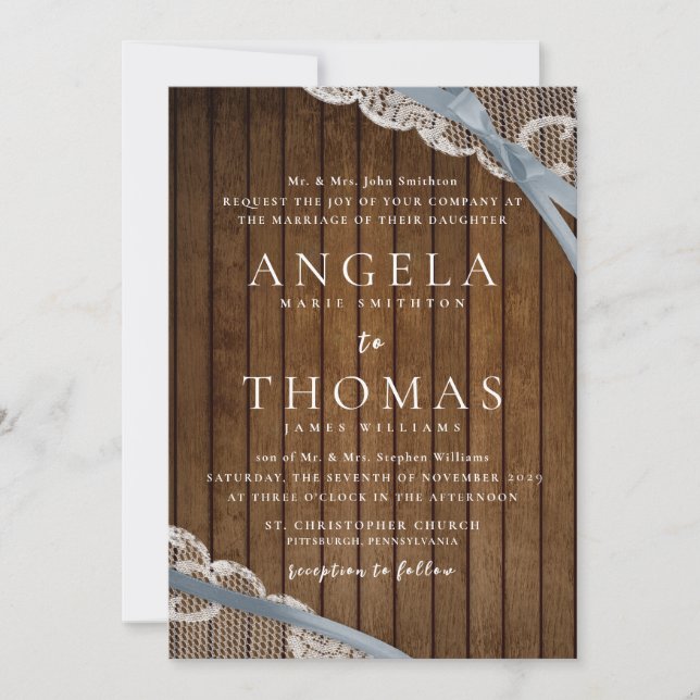 Rustic Lace and Barn Wood Wedding Invitation (Front)