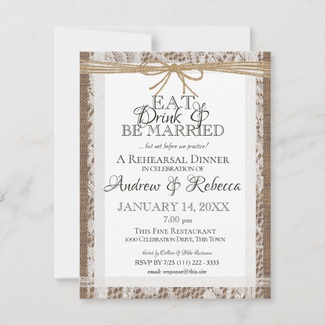 Rustic Lace and Burlap Rehearsal Dinner Invitation (Front)