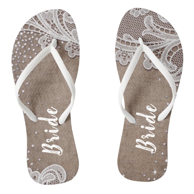 Rustic lace and burlap silver glitter bride flip flops (Footbed)
