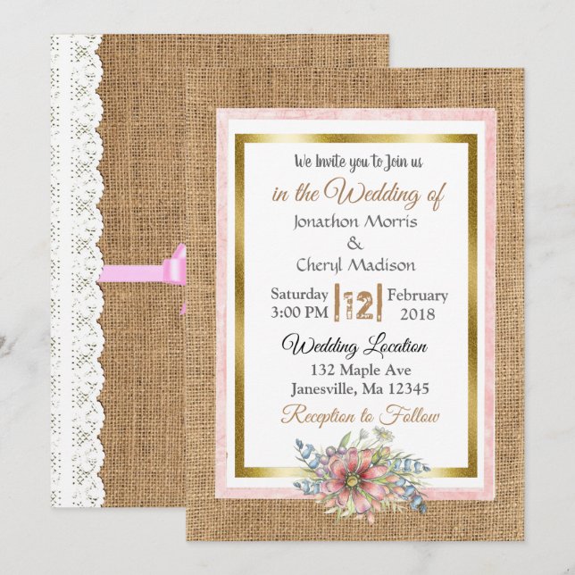 Rustic Lace and Burlap Wedding Invitation (Front/Back)