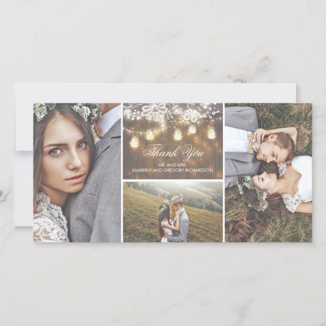 Rustic Lace and Mason Jar Lights Wedding Thank You Card (Front)