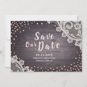 Rustic lace and wood blush glitter save the date