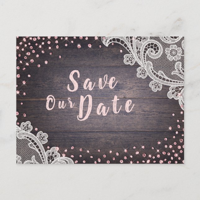 Rustic lace and wood blush glitter save the date announcement postcard (Front)