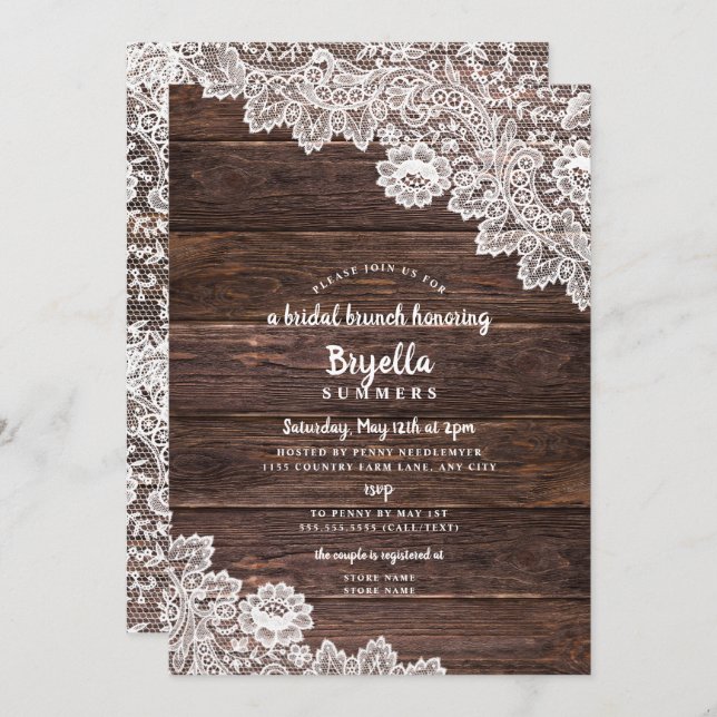 Rustic Lace and Wood brunch bridal shower Invitation (Front/Back)