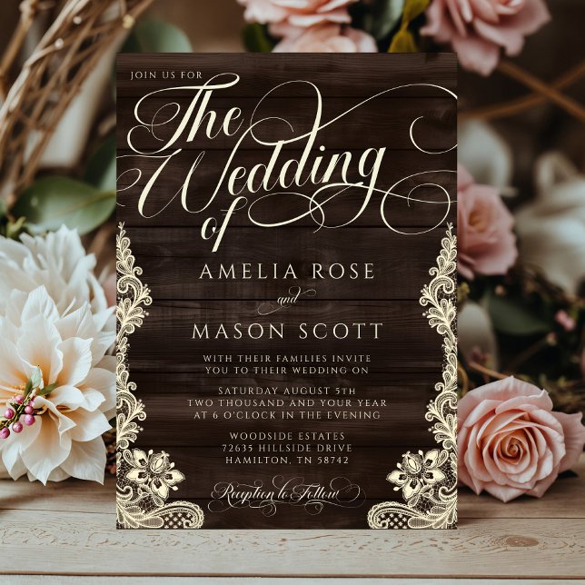 Rustic Lace and Wood Script Calligraphy Wedding Invitation (Rustic Lace and Wood Script Calligraphy Wedding Invitation)