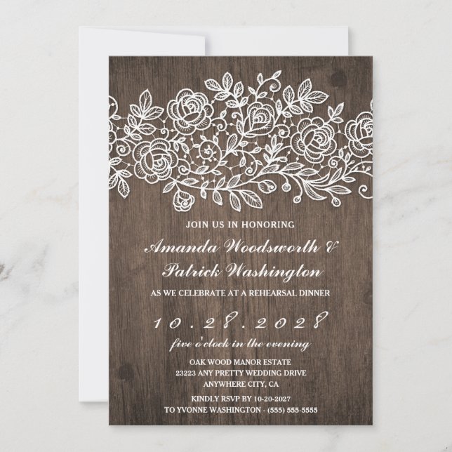 Rustic Lace Barn Wood Rehearsal Dinner Invitations (Front)