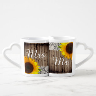 rustic lace barn wood sunflower country wedding coffee mug set