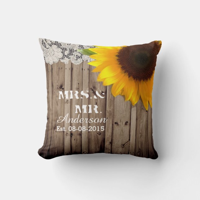 rustic lace barn wood sunflower country wedding throw pillow (Front)