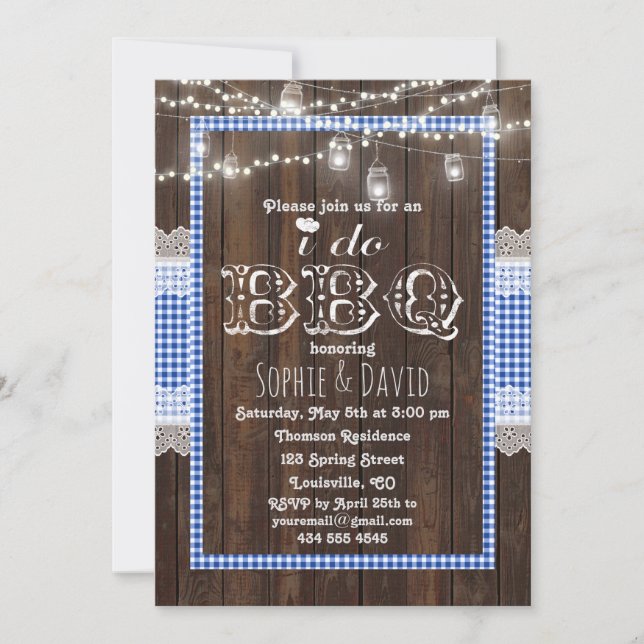 Rustic Lace Blue Gingham Old Wood I DO BBQ Invite (Front)