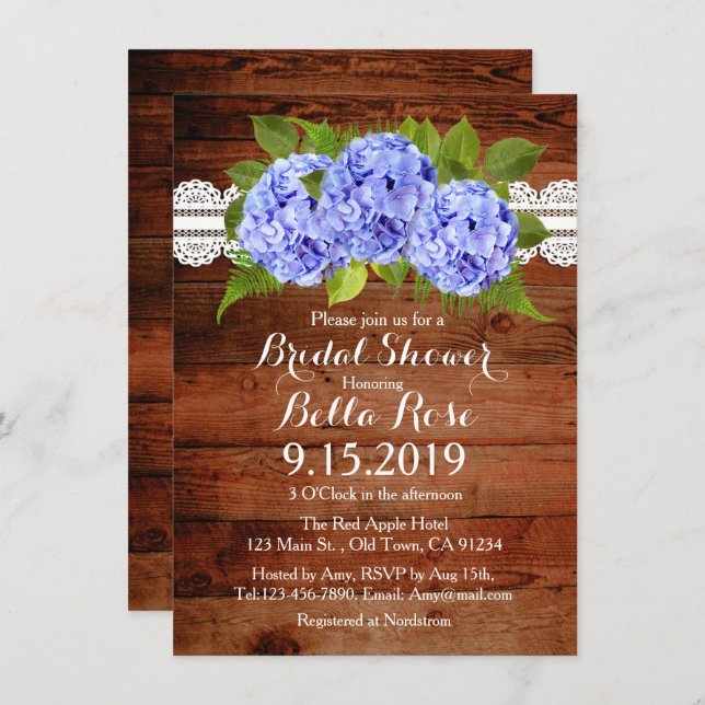 Rustic Lace Blue Hydrangea Bridal Shower Invites (Front/Back)