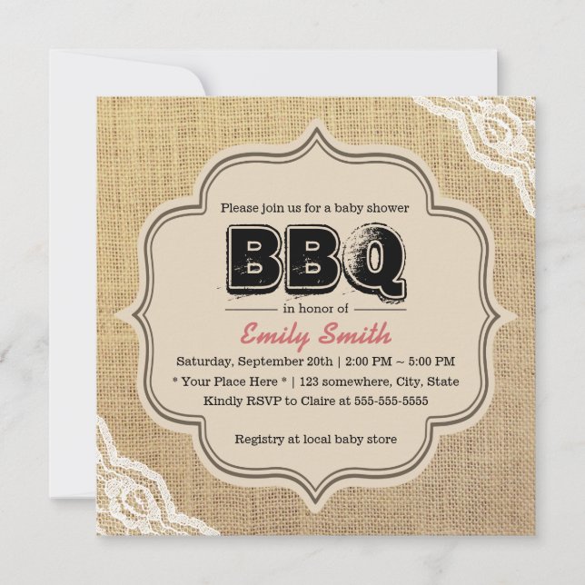 Rustic Lace & Burlap Baby Shower BBQ Party Invitation (Front)