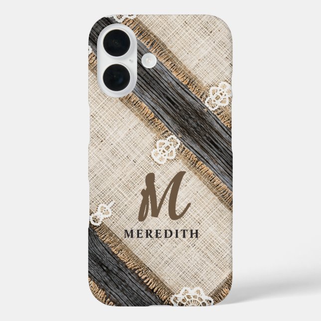 Rustic Lace Burlap Barn Wood Elegance Monogram Case-Mate iPhone Case (Back)