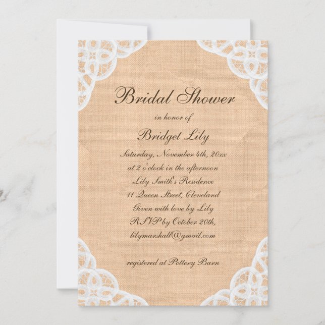 Rustic Lace & Burlap Bridal Shower Invitation (Front)