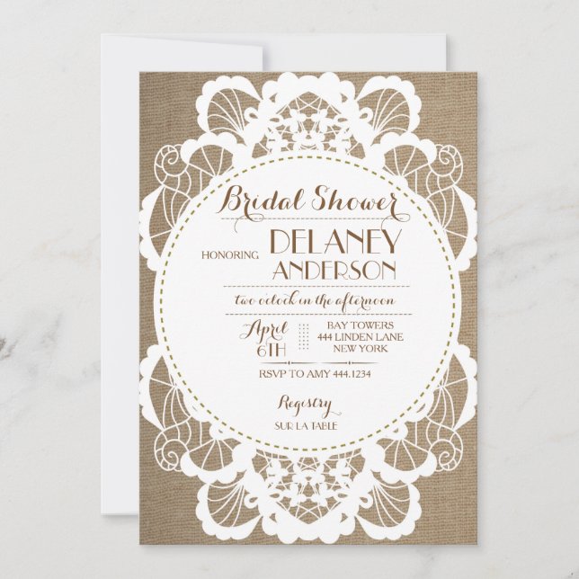 Rustic Lace Burlap Bridal Shower Invitations (Front)
