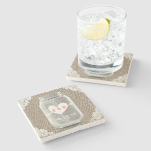 Rustic Lace & Burlap Mason Jar Wedding Stone Coaster