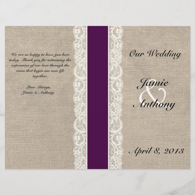 Rustic Lace & Burlap Plum Ribbon Wedding Program (Front)