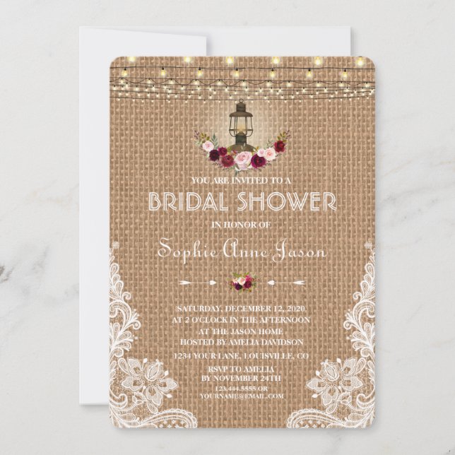 Rustic Lace Burlap String Lights Bridal Shower Invitation (Front)